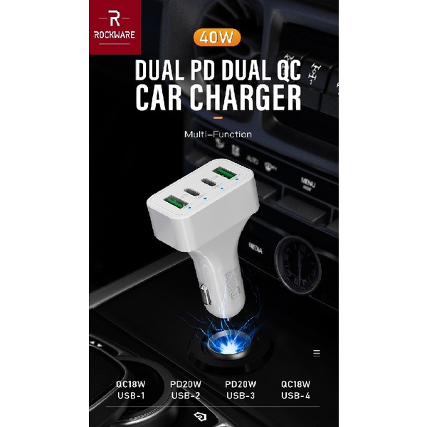 AKN88 - ROCKWARE WLX-K26 - 4 USB Port Car Charger 40W Max - Support PD and QC