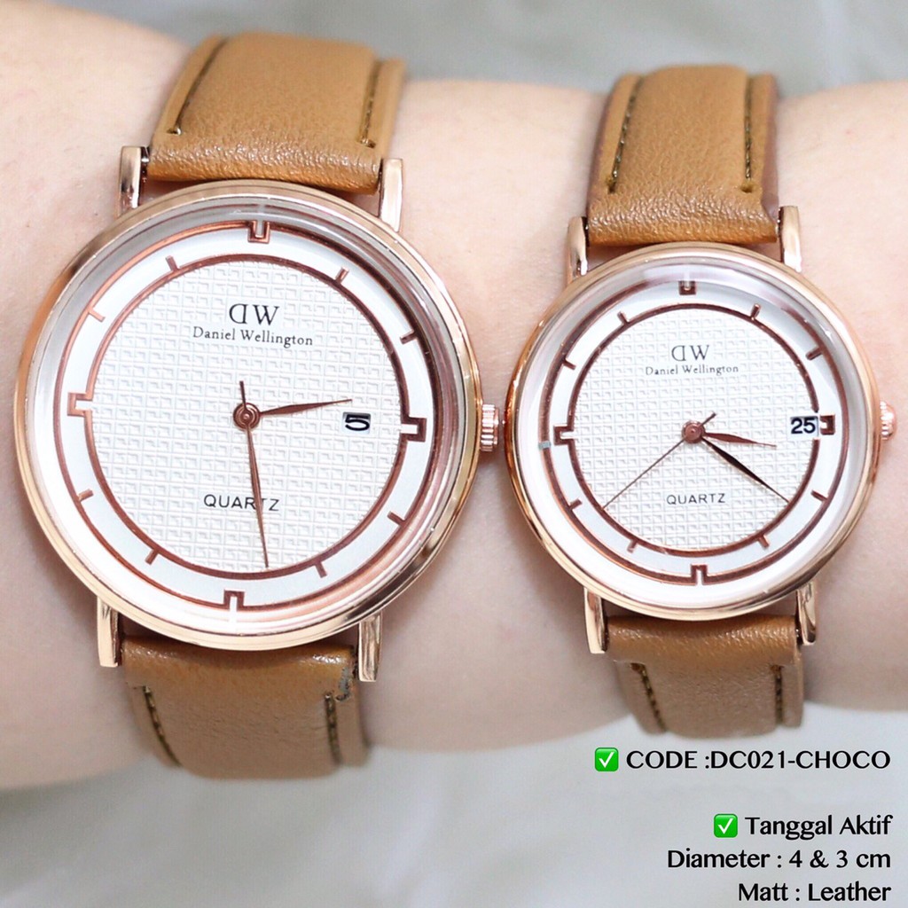 Jam tangan couple tanggal aktif tali kulit leather harga satuan grosir DC021