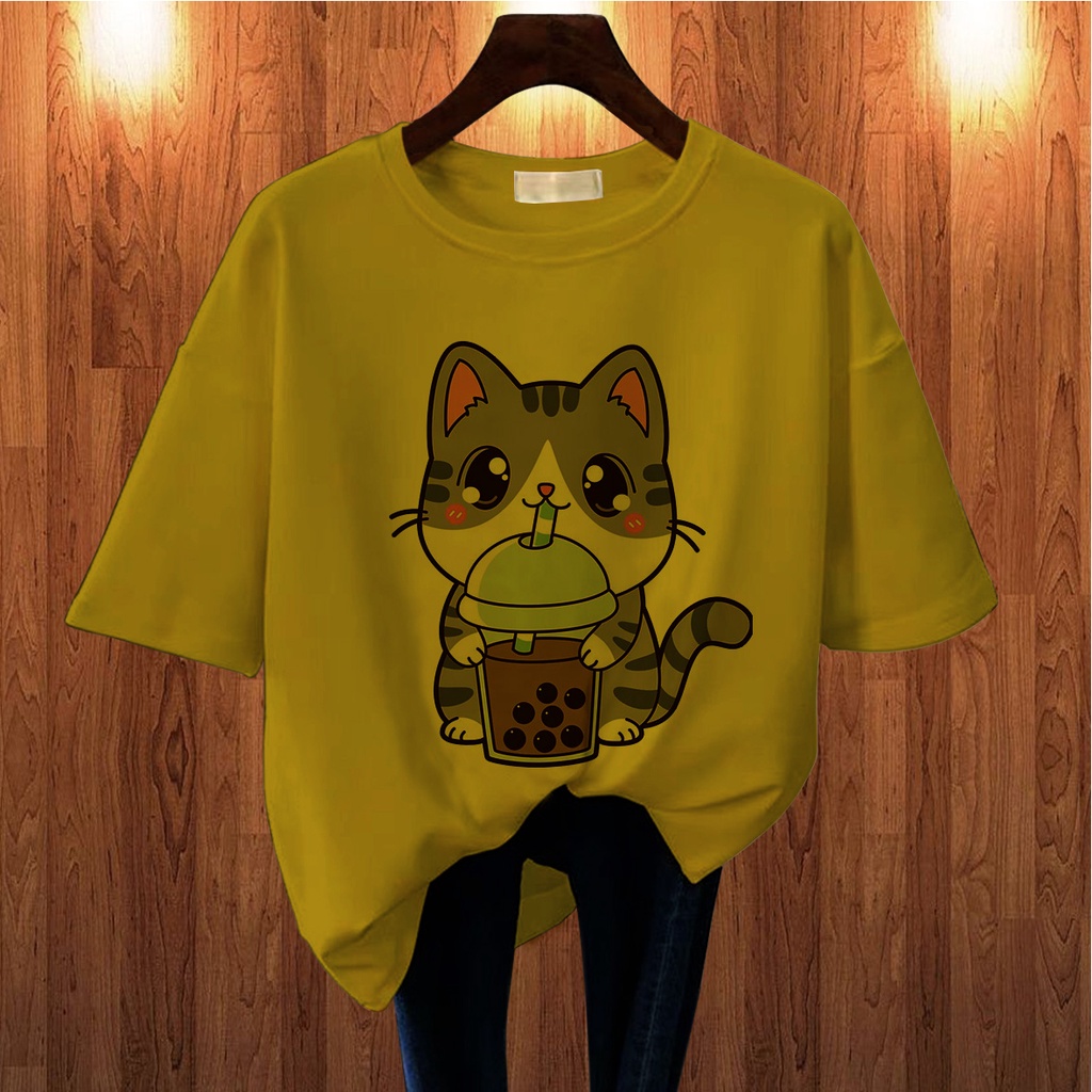 CALVIERO SHOP - BAJU KAOS WANITA ATASAN BIG SIZE PRINT CATS BUBBLE ORANGE CASUAL