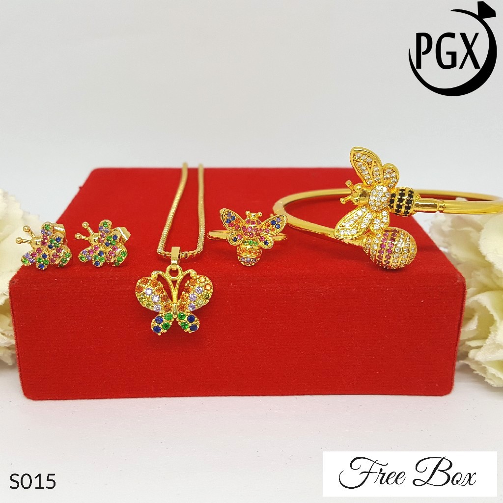 PGX Set Perhiasan Xuping Cincin Gelang Kalung Anting Lapis Emas - S015