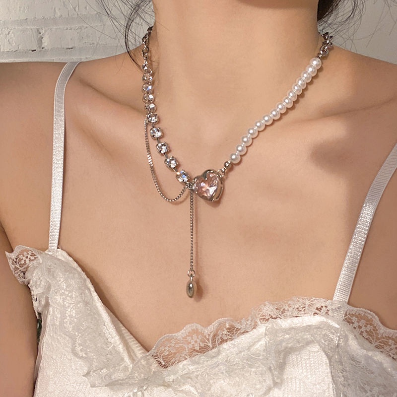 YEEZII Kalung Rantai Choker Liontin Hati Kristal Mutiara Warna Pink Untuk Wanita