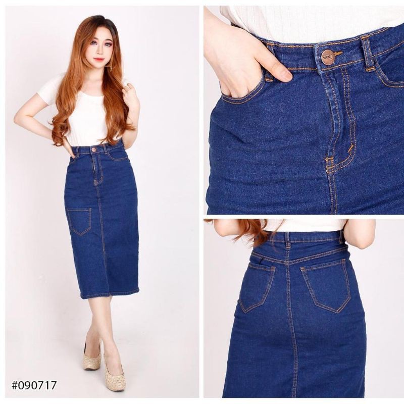 (Bisa COD) size S - Big Size | Rok denim span 7/8 | Rok span selutut belah depan | Rok span big size-3