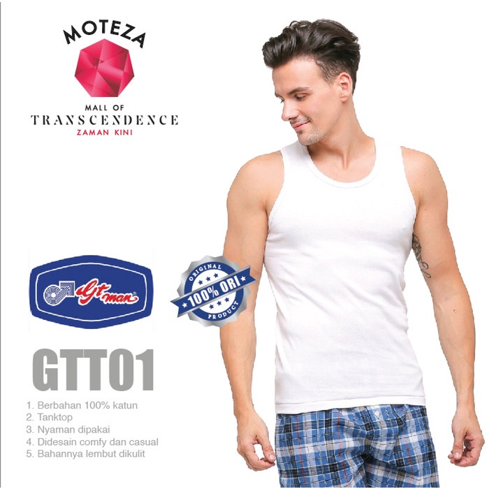 Kaos Dalam Singlet GTMan Tank Top Pria T-Shirt - GT Man GTT 01 / GTT01 - Putih / Hitam