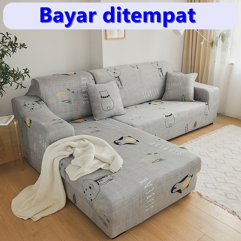 cover sofa elastis 3 seater murah bahan polyster import gratis sarung bantal