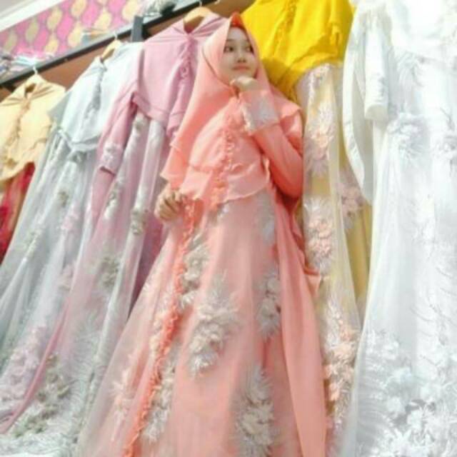 TERMURAH Set Gamis Baju Muslim Brukat Pesta Mewah/Gamis Tile Bordir Bunga 3D/ Gamis ceruti babydoll