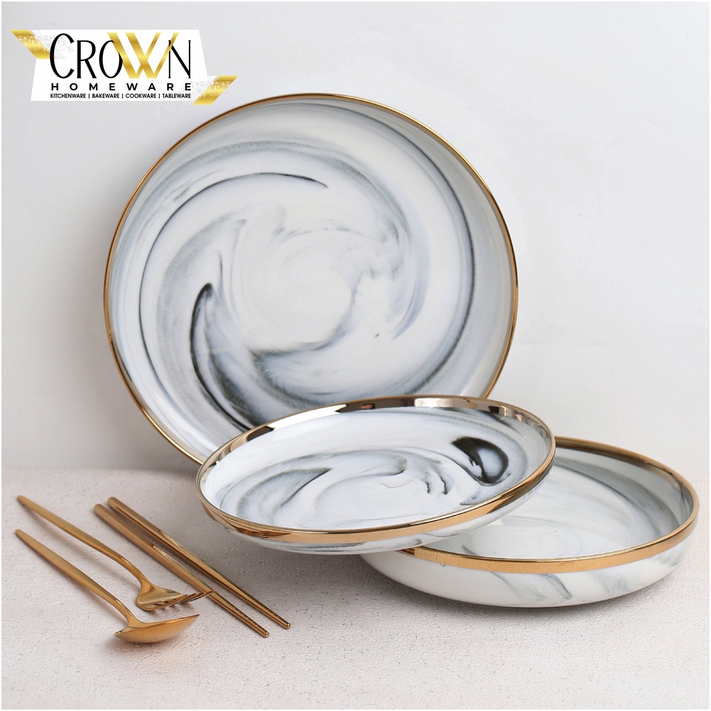 [SATUAN] NEW MODEL Piring Mangkok Makan Keramik Ceramic Bowl Cantik Motif Marmer Marbel Marble Plate Gold Rim