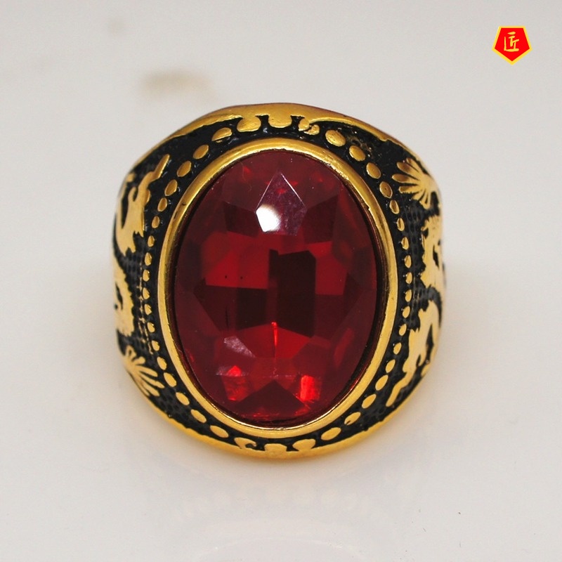 [Ready Stock]Retro Oval Dragon Pattern Gold Ring Retro