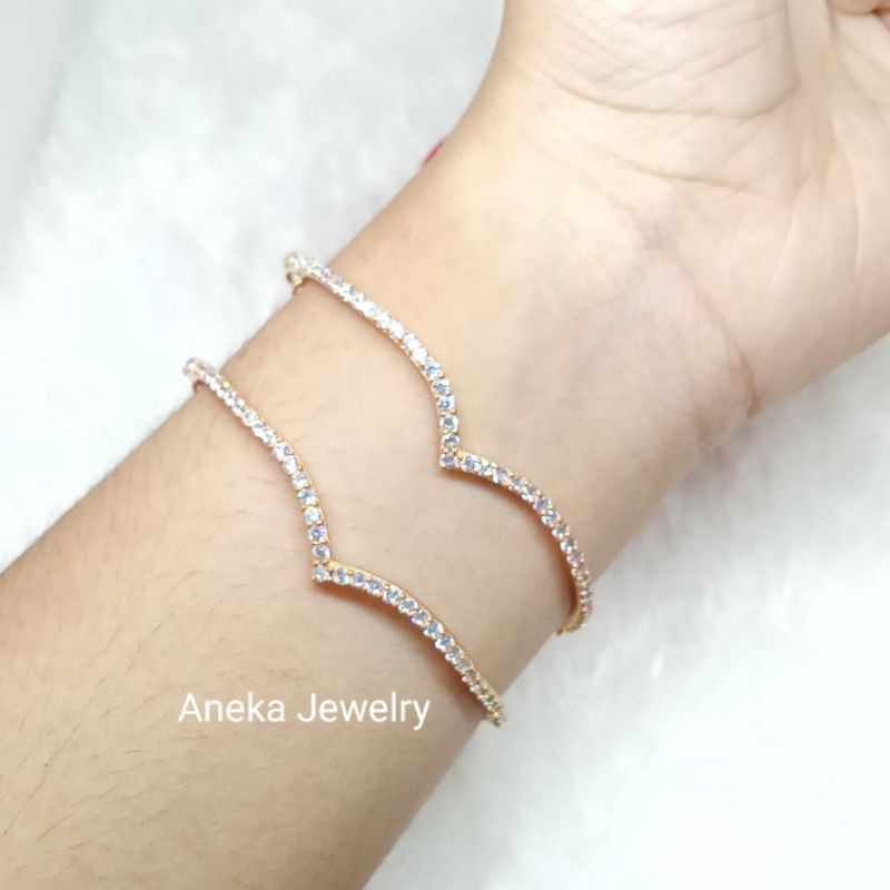 Gelang Serut Itali V mata2, Perak 925, Sepuh Emas Rosegold