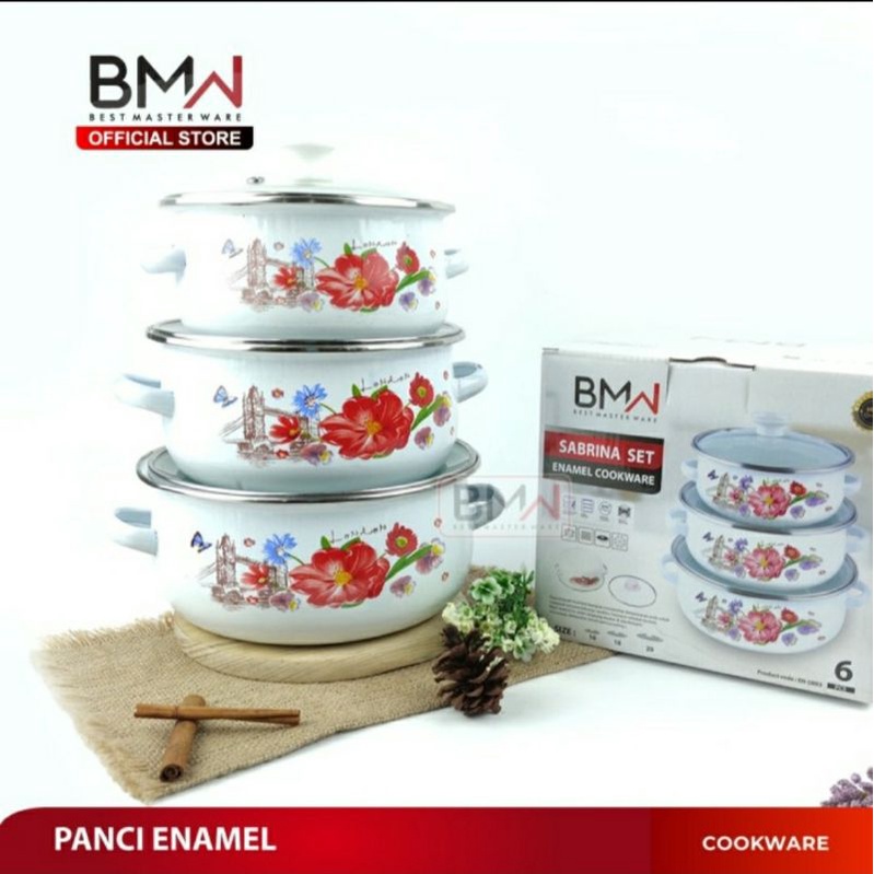 Panci Enamel Motif Tutup Kaca Susun 3pcs