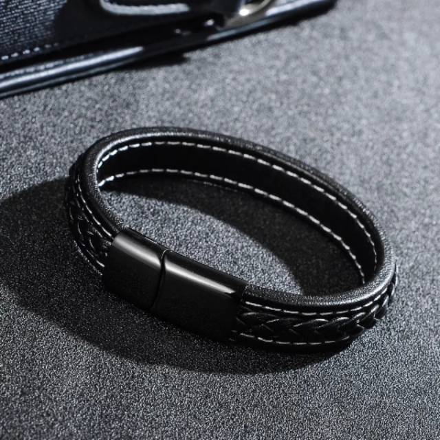 Gelang Pria Black - Gelang Kulit Hitam Titanium 316L