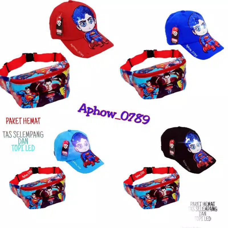 paket 2in1 superman tas waistbag superman topi led superman