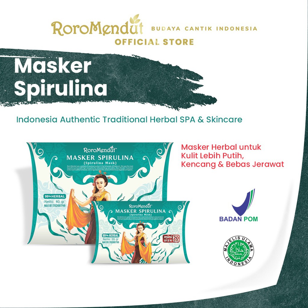 Roro Mendut Masker Spirulina Mini Size 20 gr Whitening Pemutih Wajah Penghilang Jerawat Bopeng Flek