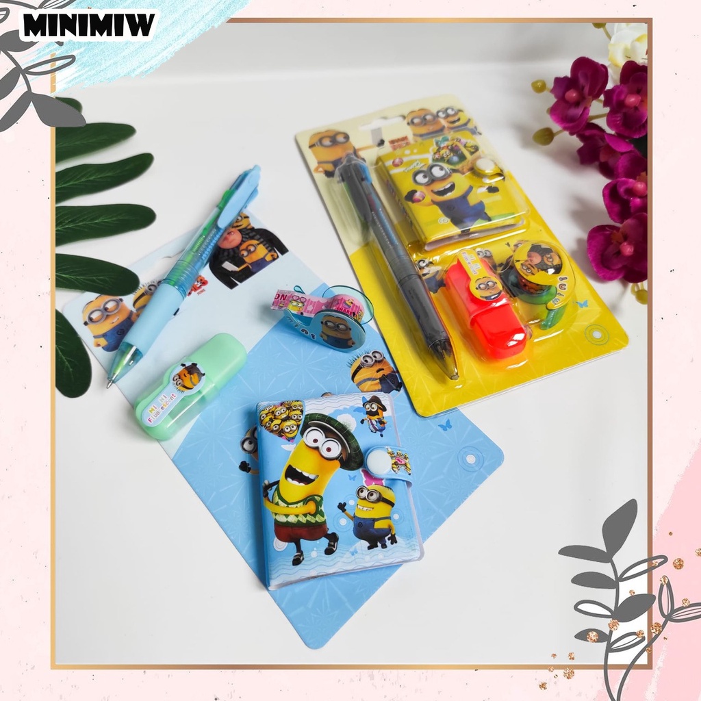 SET ALAT TULIS MINION 4 IN 1 BUKU NOTEBOOK TIPEX PEN HIGHLIGHTER MURAH STATIONARY BOLPEN