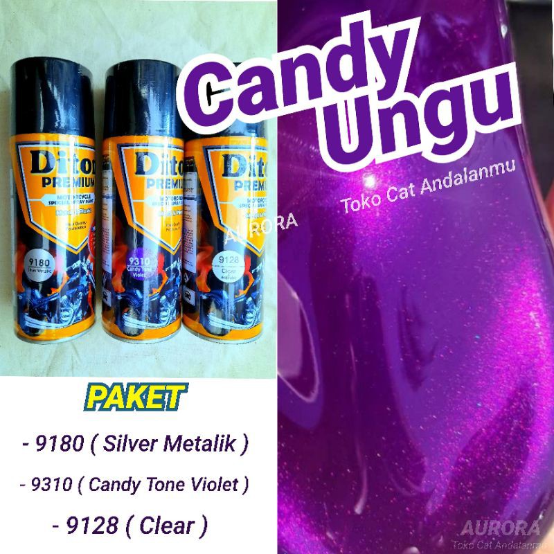PAKET DITON Premium Silver Metalik + Candy Tone Violet Ungu Transparan + Clear Gloss Clir Anti Gores