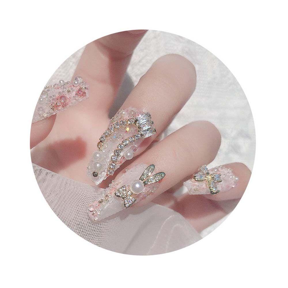 AUGUSTINA Agustina Kuku Seni Berlian Imitasi Mewah Alami Shell Cinta Hati Berlian Busur Berujung Lima Bintang Rumbai Liontin DIY Perhiasan Nail Art