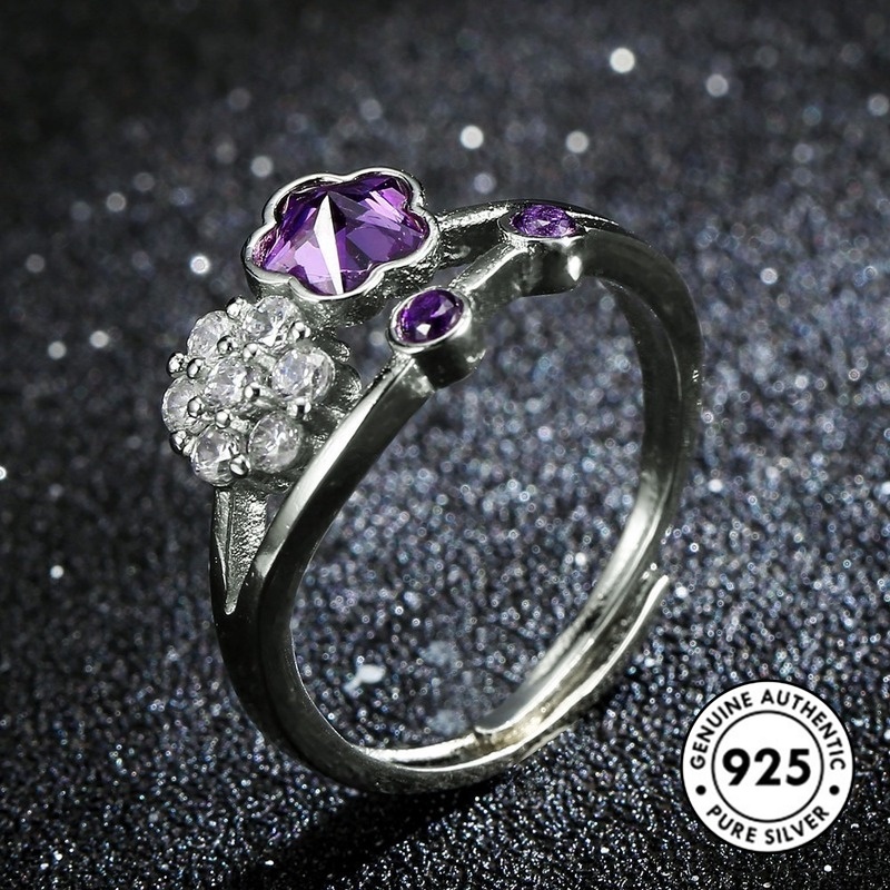 Cincin Sterling Silver 925 Model Bunga Dengan Berlian Ungu Untuk Wanita