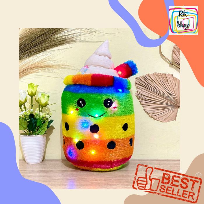 Boneka Boba Ice Cream LED Bahan Bulu Rasfur Motif Boba Es Krim LED