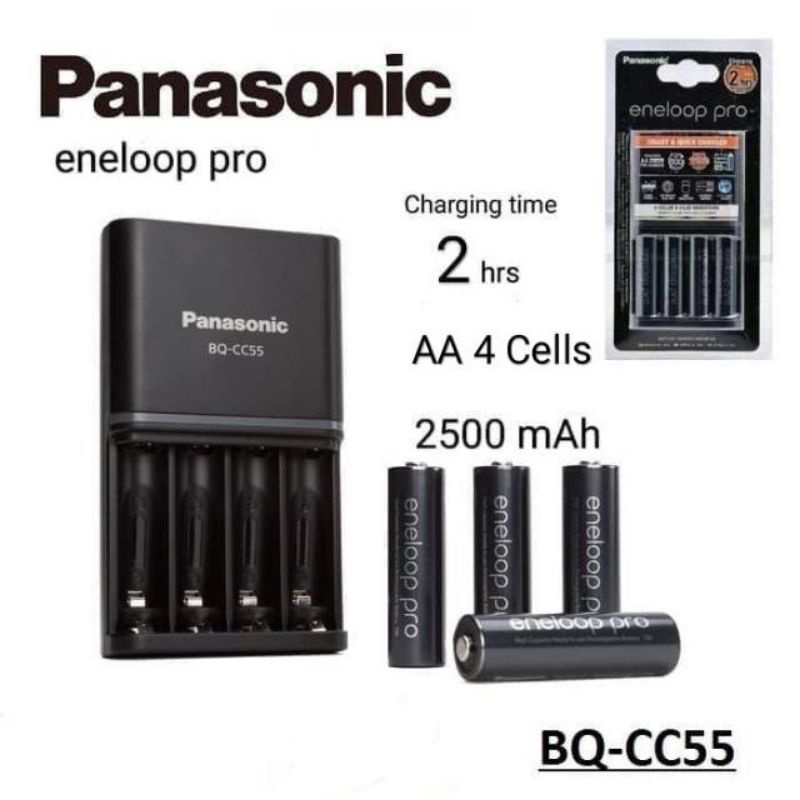 PANASONIC CHARGER + 4 BATERAI AA 2500MAH ENELOOP PRO BQ CC55 SMART LED