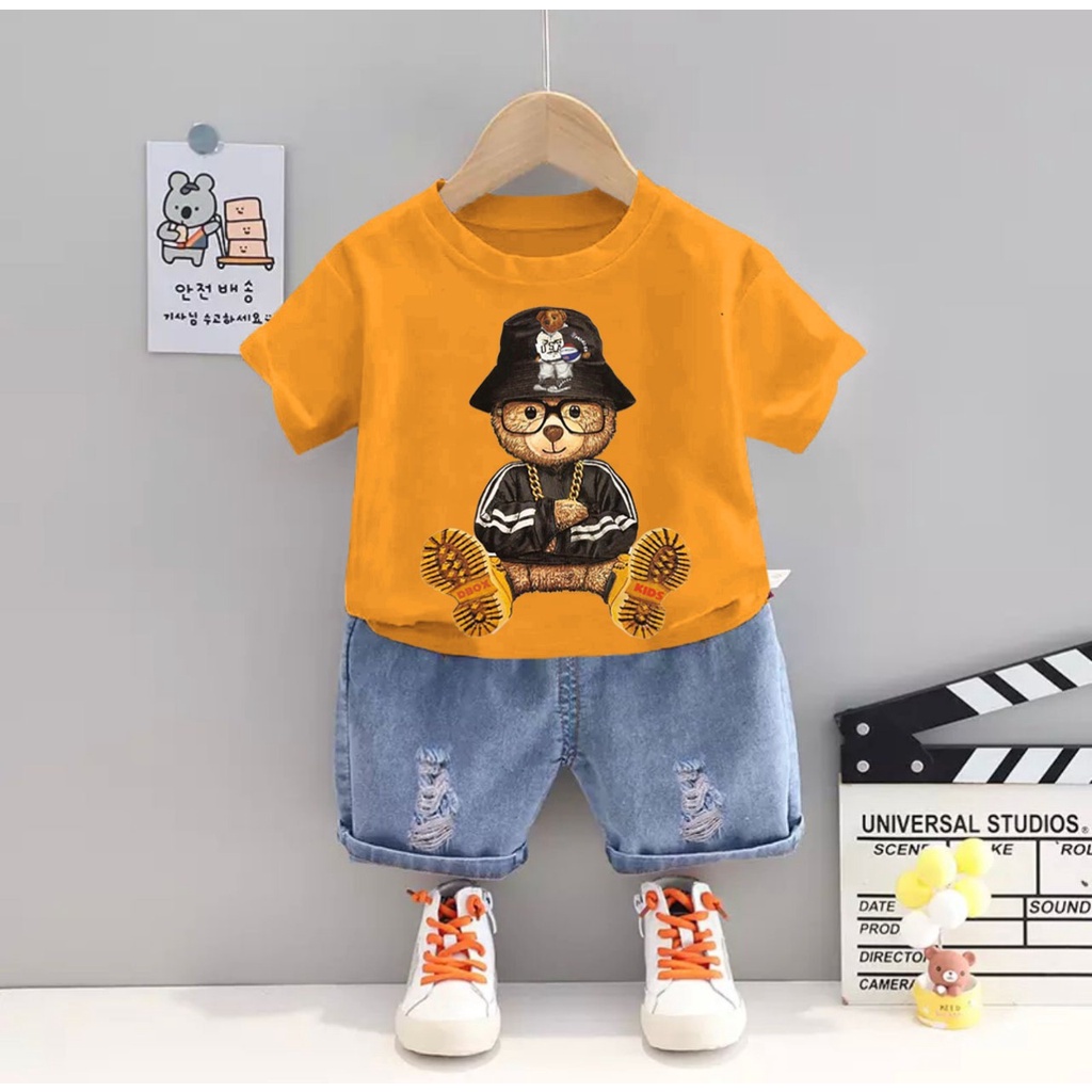 PROMO-SETELAN ANAK SETELAN KAOS CELANA PENDEK DENIM ANAK UMUR 1-5 TAHUN SETELAN MOTIF BEAR COOL BAJU PAKAIAN ANAK LAKI LAKI PEREMPUAN TERBARU OUTFIT ANAK MASA KINI CELANA DENIM TERMURAH