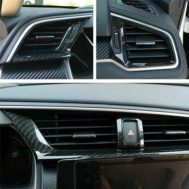 TK 3Pcs Carbon Fiber Dashboard AC Air Vent Outlet Cover Trim Frame for Honda Civic Sedan 2016-2021