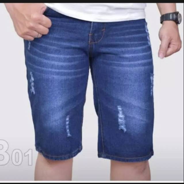 Celana jeans denim garment strecth melar pendek pria model sobek terbaru bisa COD