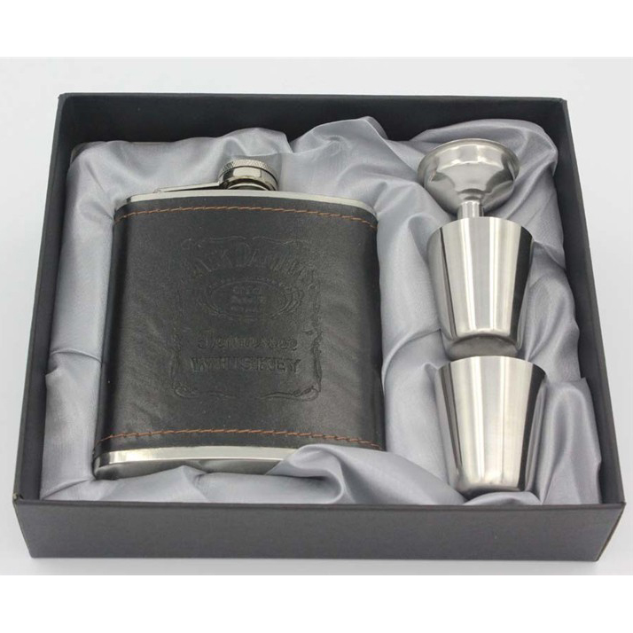 Botol Bir Hip Flask Stainless Steel Leather with Shot Glass 7Oz