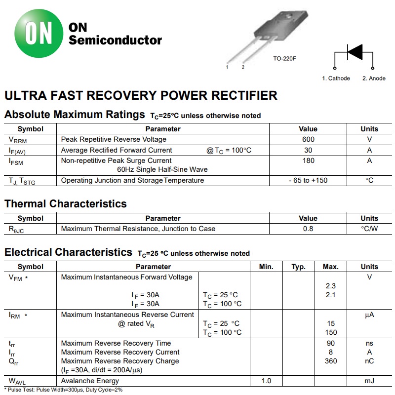 DIODA FFPF30U60ST F30UA60S F30U60ST F30U60S TO-220F DE55 ULTRA FAST RECOVERY POWER RECTIFIER