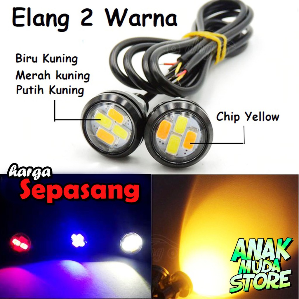 (LME4) Sepasang Lampu LED Mata Elang 2 Warna 2in1 Lampu Sein Senja Rem Mobil Dan Motor DC 3 Kabel