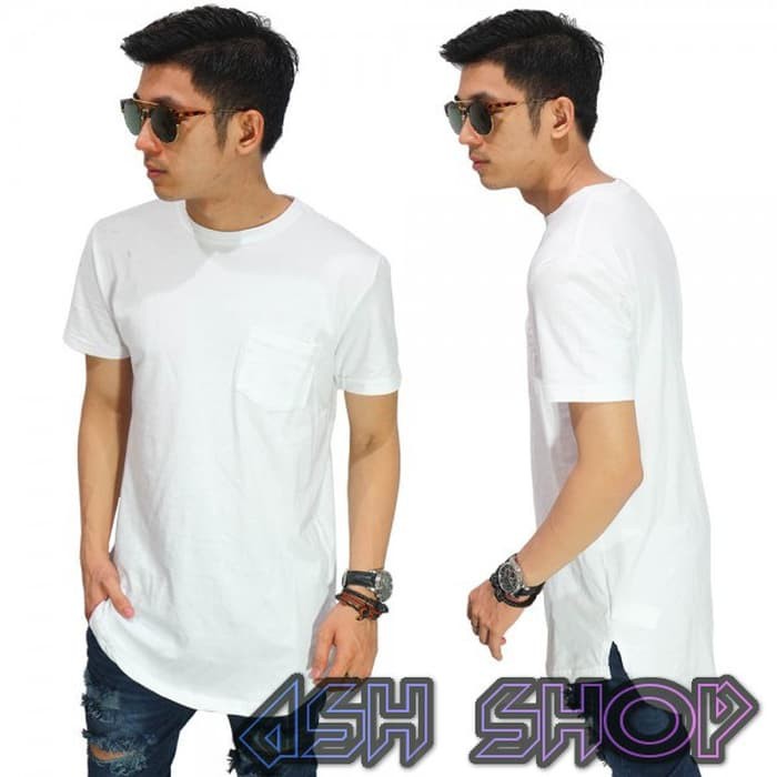 Populer Kaos Pria Longline T-Shirt Putih Polos Swag Premium