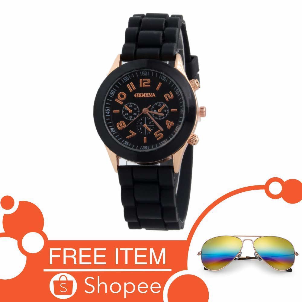 Geneva Fashion Strap Rubber Jam Tangan Wanita dan Pria Free Kacamata Pantai ( Group ) - KRT_FREE