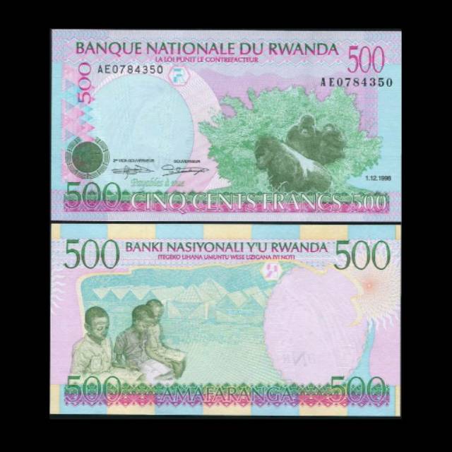 UANG RWANDA 500 FRANCS 1998 UNC ORIGINAL BANKNOTE THREE MONKEY