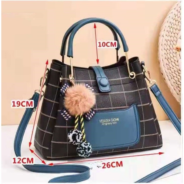 [COD] LB - New Arrival!! Hand bag fashion motif kotak-kotak ukuran sedang free gantungan lucu 394