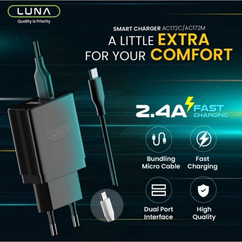 CHARGER HP FAST CHARGING DUAL PORT AC172M + MICRO USB CABLE ORIGINAL BY LUNA