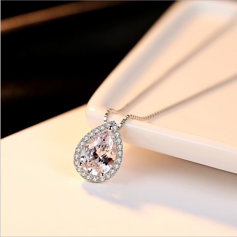 [Ready Stock]Fashion Plated S925 Sterling Silver Water Drop Pear-Shaped Pendant Diamond-Studded Necklace