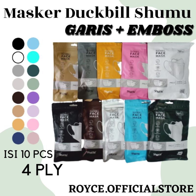 Masker Duckbill Shumu Garis Sensi + Emboss Warna-Warni 4 Ply isi 10 Pcs Original Duckbill Face Mask