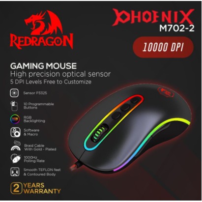 Mouse gaming redragon wired usb 2.0 optical 10000dpi 20G rgb Macro with tuning weight phoenix m702-2