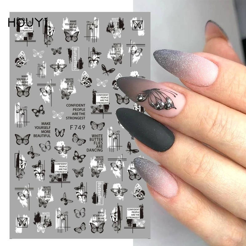 1 Lembar Stiker Kuku Desain Kupu-Kupu Bunga Geometri Warna Hitam Putih Untuk Dekorasi Nail Art Wanita Butterfly