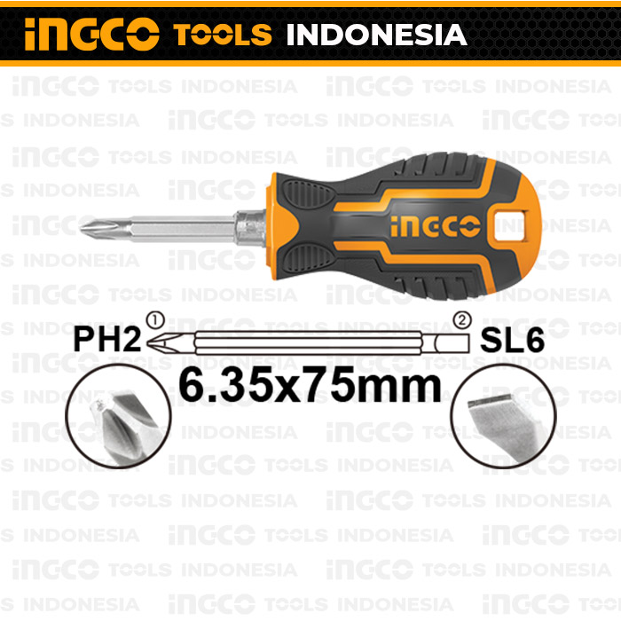 2-Way Stubby Screwdriver (PH2+SL6) INGCO AKISD0202 Obeng Cebol Mini Arah Bolak Balik Plus-Min Minus-1