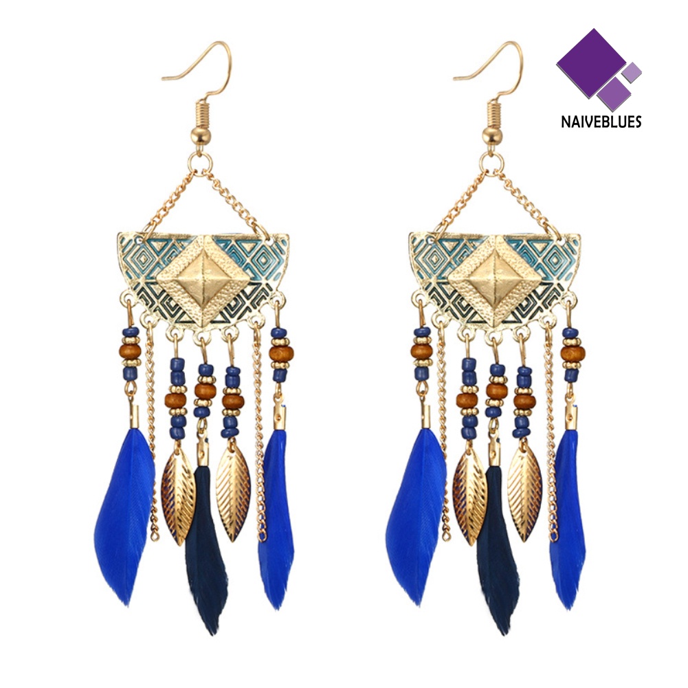 Anting Hook Bentuk Kipas Aksen Bulu Manik-Manik Gaya Bohemian Untuk Wanita