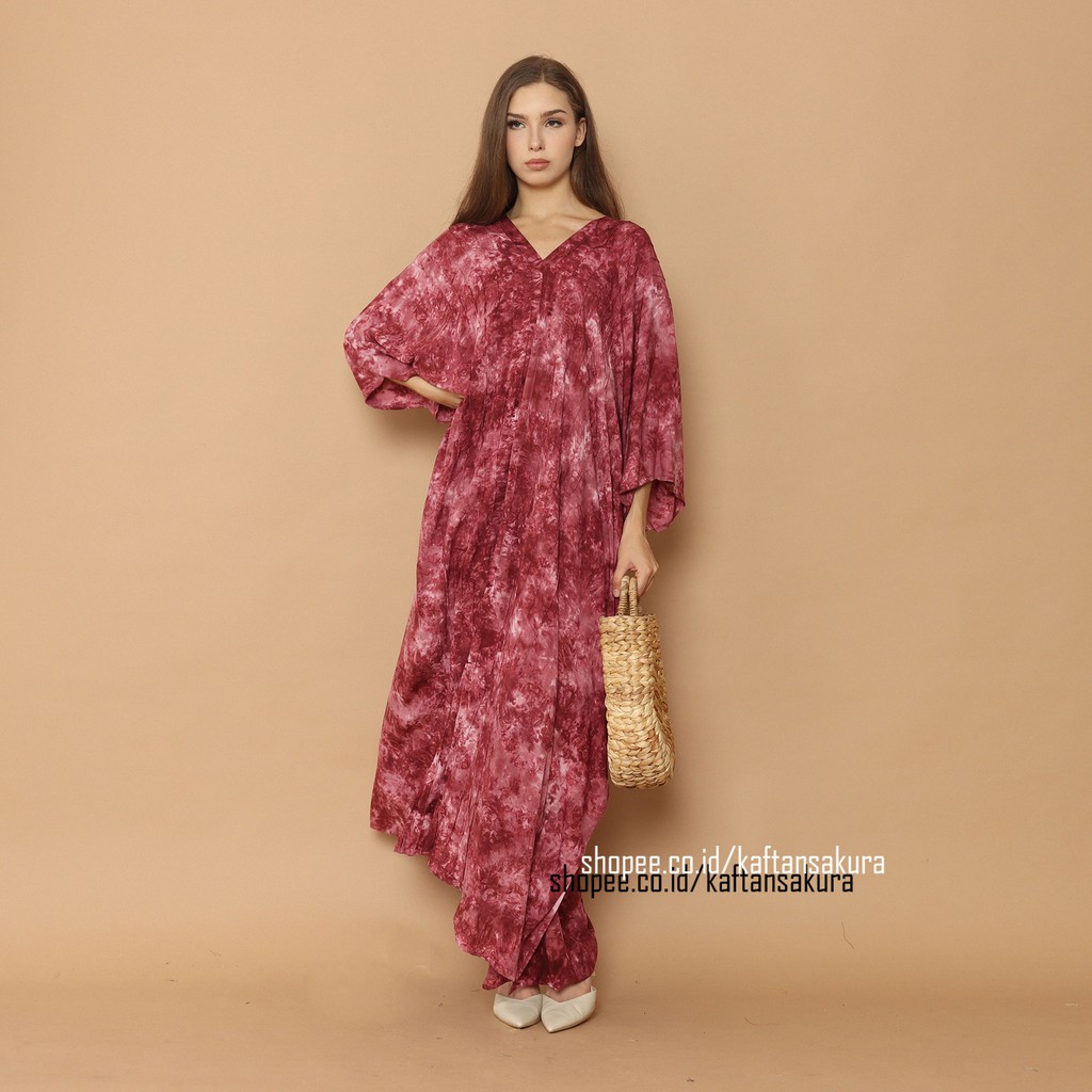 KAFTAN TIE DYE MARBLE TERBARU WARNA MERAH BAHAN RAYON LEMBUT OVERSIZE LEBARAN MURAH 2021