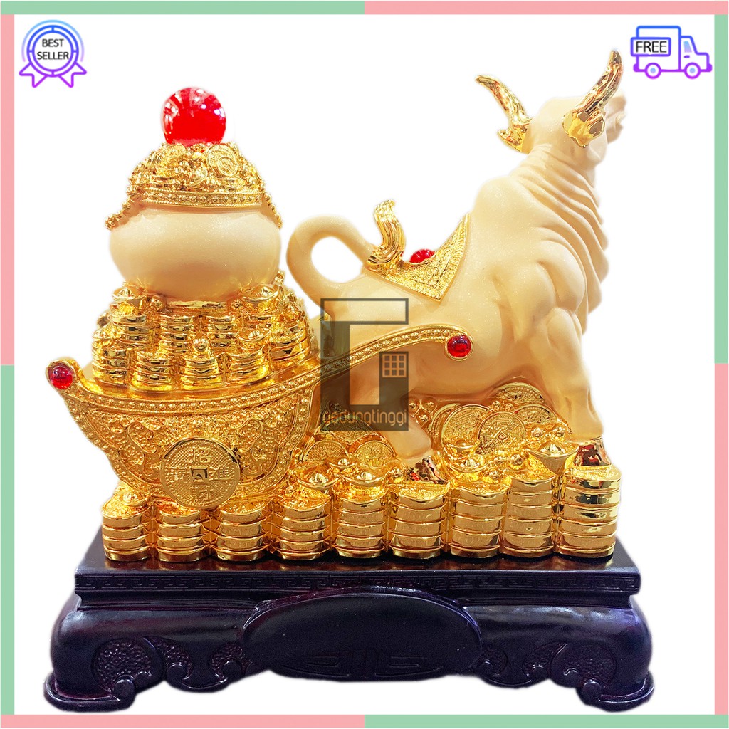 Pajangan Hiasan Patung Imlek Rejeki 12 Shio Kerbau Sapi Fengshui Lucky Uang Emas Gold Besar XL Resin