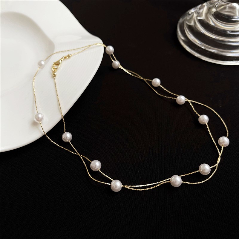 Kalung Rantai Wanita Model Lapis Ganda Aksen Mutiara Untuk Musim Panas