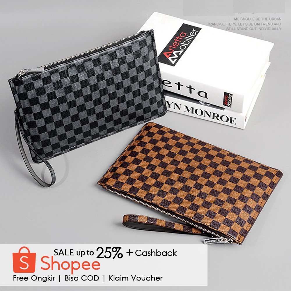 Damier Clutch Kulit  Pria / Tas Tangan Wanita Kulit Import