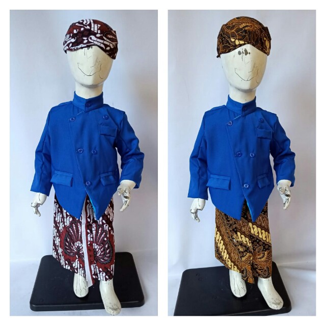 Setelan Bayi dan Anak Beskap Jawa Sikepan Warna Biru Jarik Blangkon