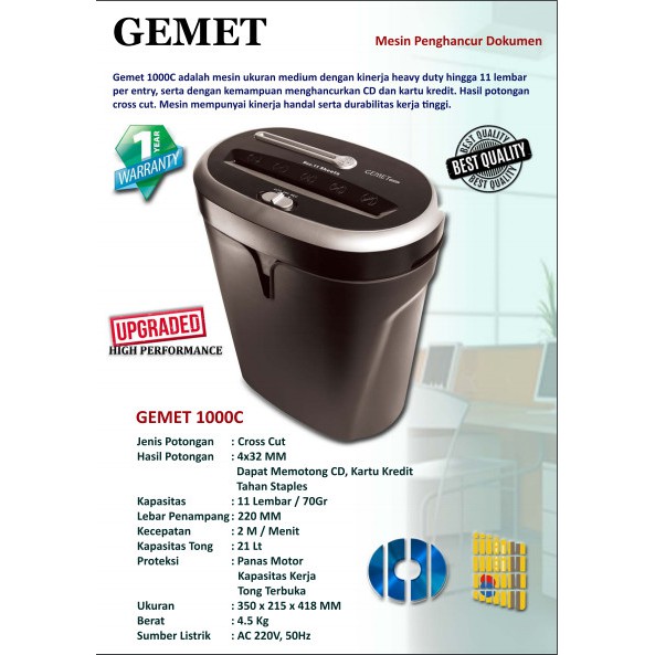 Paper Shredder/Penghacur Kertas crosscut GEMET 1000C penghancur kartu kredit dan CD