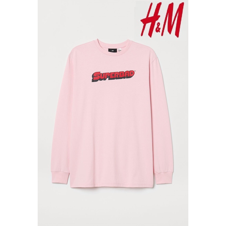 H&amp;M Long Sleeve Superbad Pink Sweatshirt Original Kaos Lengan Panjang Pria