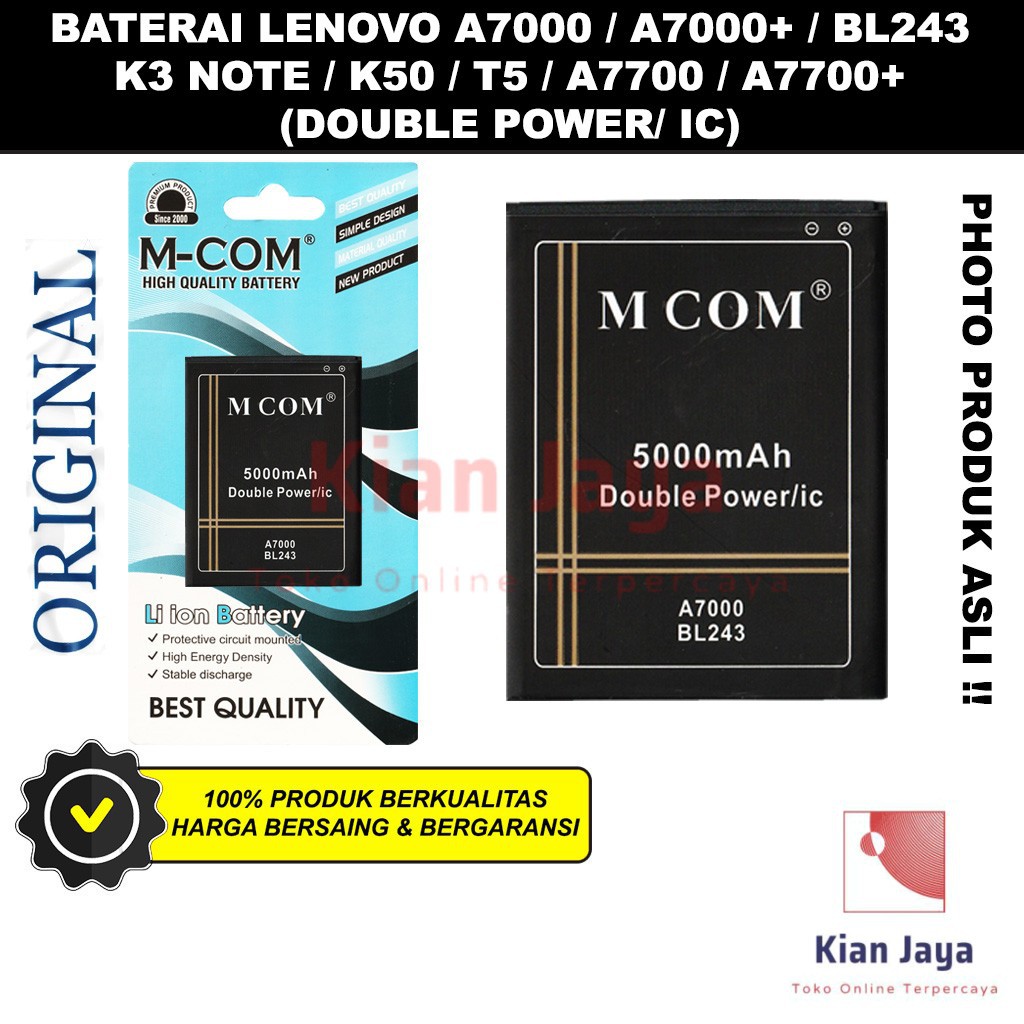 MCOM Baterai Hp Lenovo BL243 A7000 A7000+ K3 Note K50 T5 A7700 Plus Double Power Batre Battery Ori