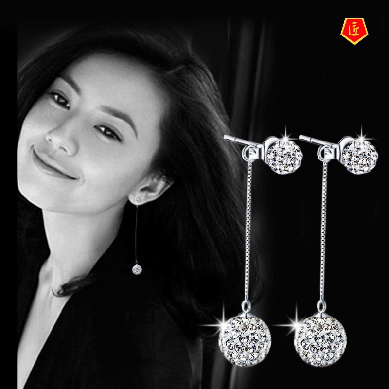 [Ready Stock]Double Ball Full Rhinestone Tassel Exaggerated Earrings