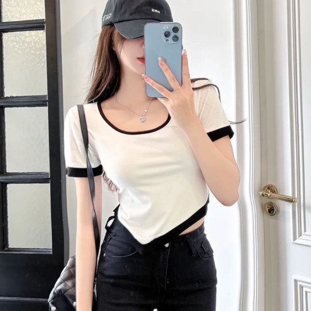 Gadis Panas Musim Panas Baru T-shirt Berulir Lengan Pendek Warna Solid Leher U Jahitan Elastis Ketid