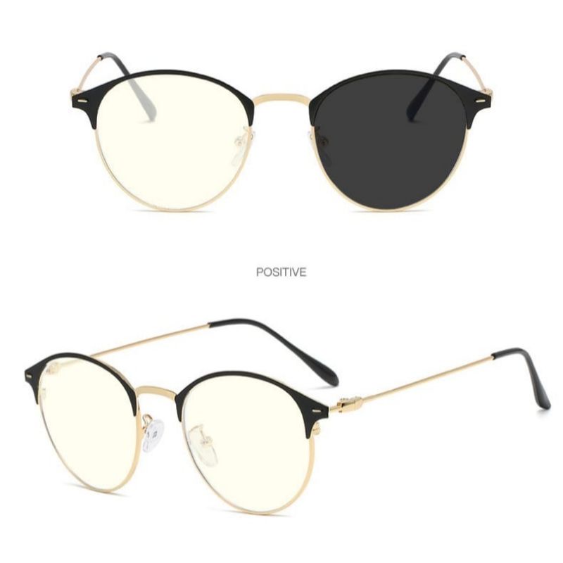 Kacamata Lensa Photocromic + Anti Radiasi Blueray BLUECROMIC Frame Besi 1920 Pria Wanita Photochromic Bluechromic Oval Alloy Fotokromik Berubah Warna Gelap 1920-OV - Hitam-Gold